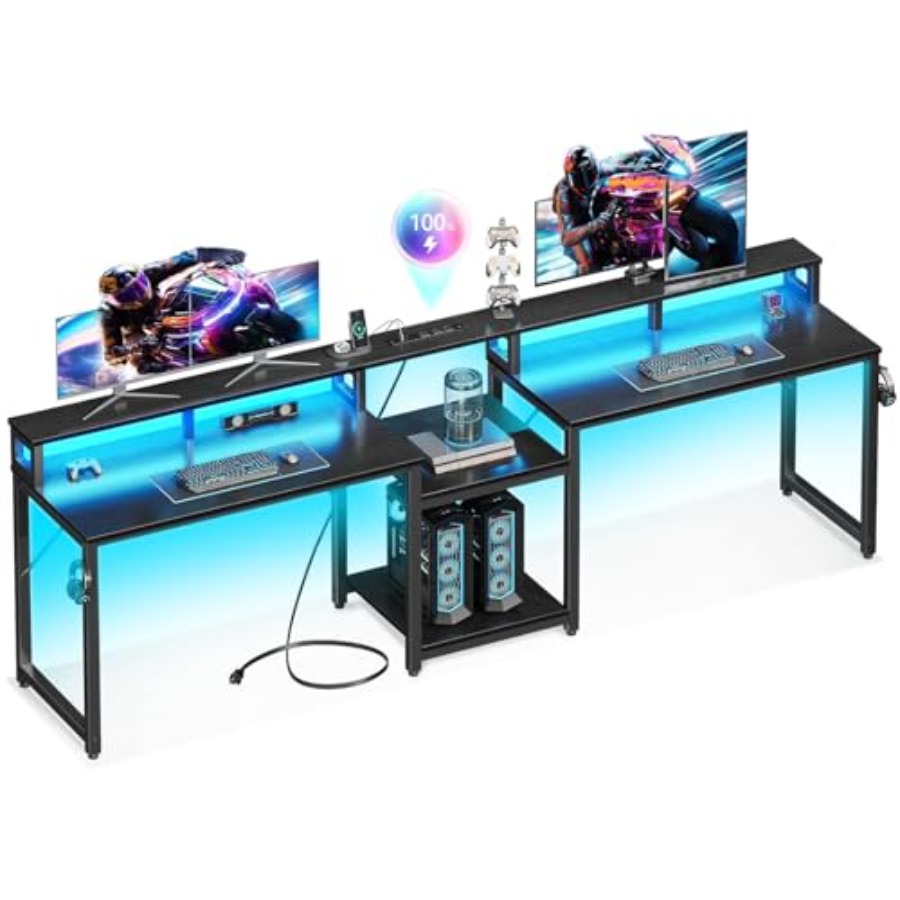 Desk Setup Black And Wood - 2人用ゲーミングデスク、長さ98インチ、LEDライト付き、人工木材製、ブラック、ケーブル管理機能を備えた広々としたデュアルモニター設置スペース