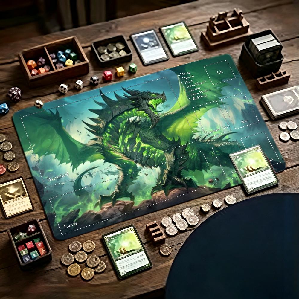 Desk Setup Game - グリーンフレイムドラゴン ゾーンドTCGプレイマット 大型デスクマット マウスパッド ノンスリップラバーベース テーブルマット