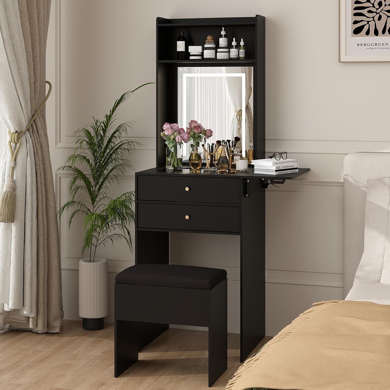 Desk Setup Black And Wood - 寝室用ミニブラックバニティデスクセット、3つの調節可能な照明付きミラー、収納チェア、狭いスペース用の折りたたみパネル付き