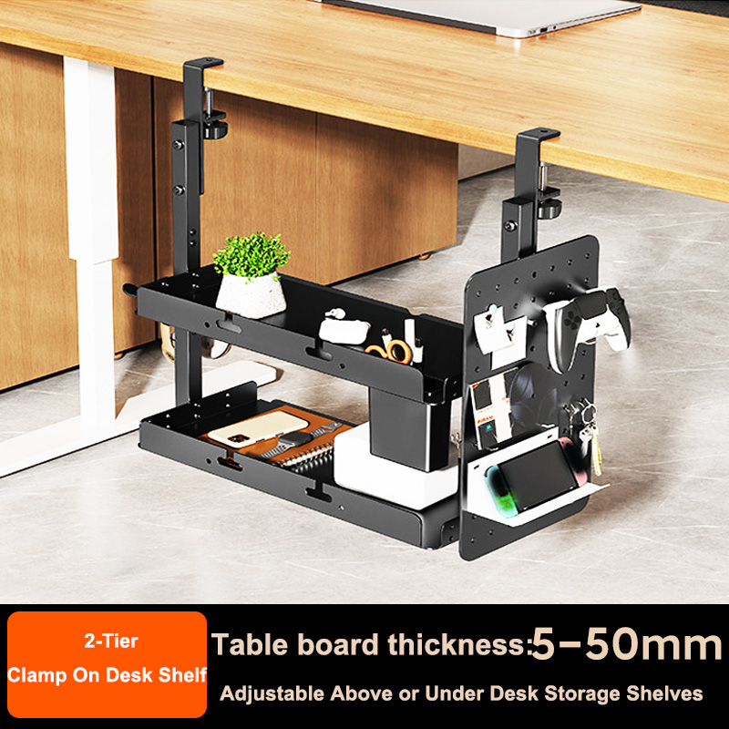 Desk Setup Productivity - クランプ式14インチデスク上・下2段棚ユニット、テーブルアクセサリー、ゲーム機器、その他の収納トレイ、デスクトップオーガナイザー