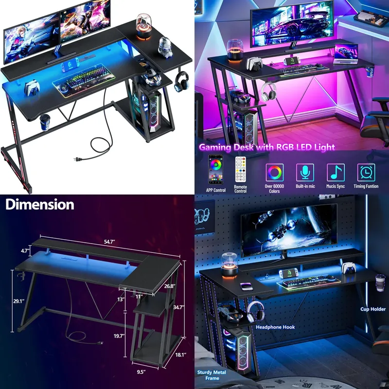 Desk Setup Black And Wood - ブラックカーボンファイバー製L字型ゲーミングデスク、LEDライト、電源コンセント、フリップトップ収納ラック付き、寝室やホームオフィスに最適