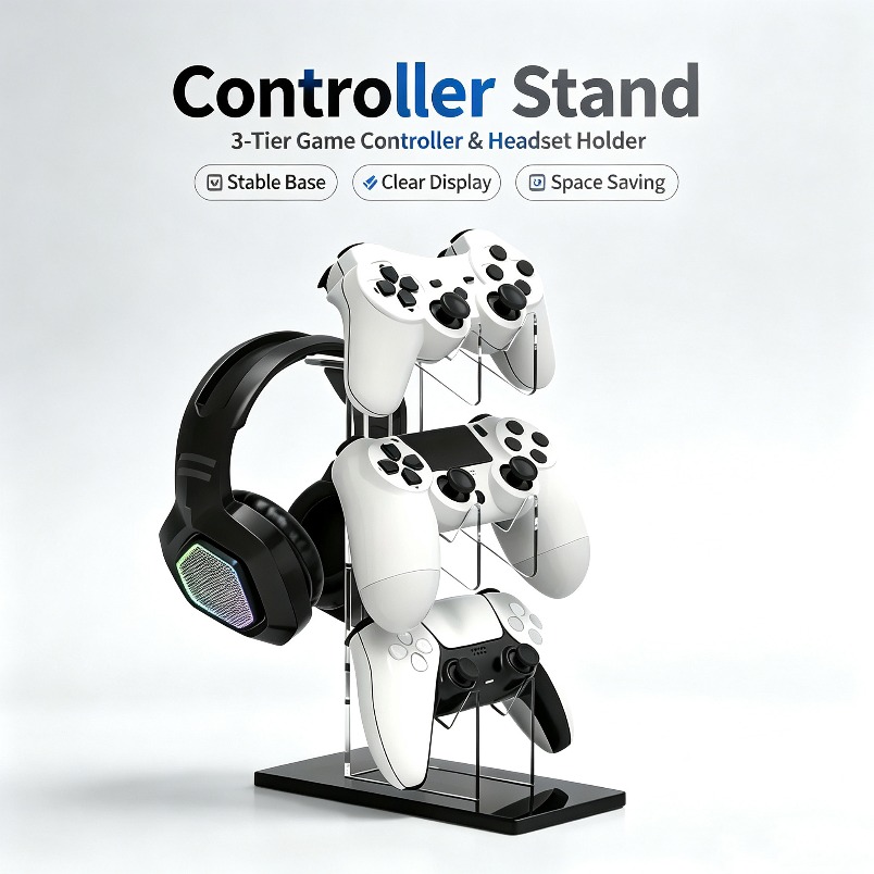 Desk Setup Game - ヘッドセットハンガー付きコントローラーホルダー 3段ゲーム収納ラック PS5 PS4コンソールセットアップ用の頑丈なデスクディスプレイ棚