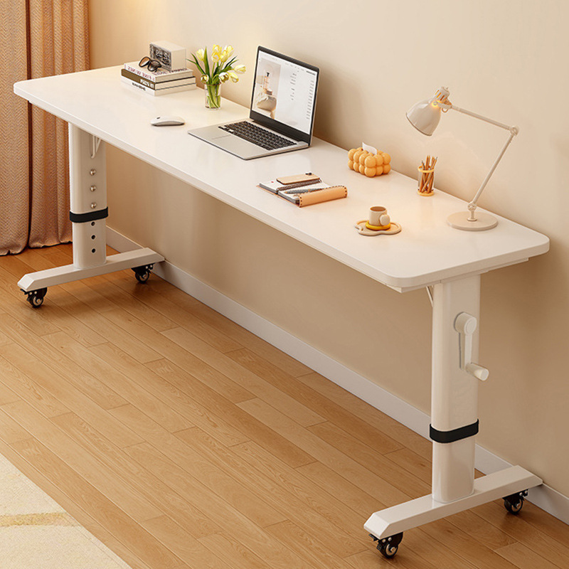 Desk Setup For Laptop - 調節可能なオーバーベッドラップトップデスク、ハンドクランク付き、寝室用家具用の車輪付き無垢材ローリングコンピューターテーブル