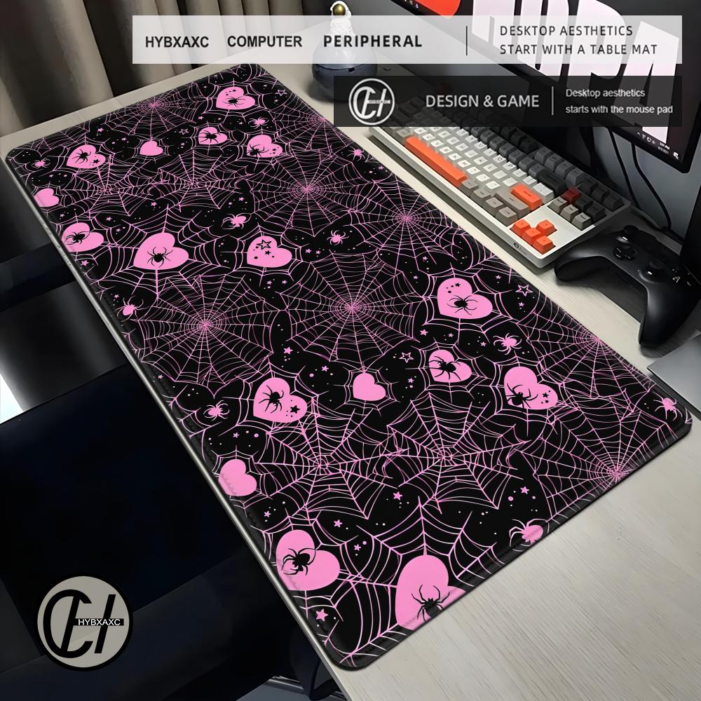 Desk Setup Productivity - 90x40 ホワイトまたはピンクのスパイダーウェブハートデスクマット パステルカラー かわいい ゴシック エモ