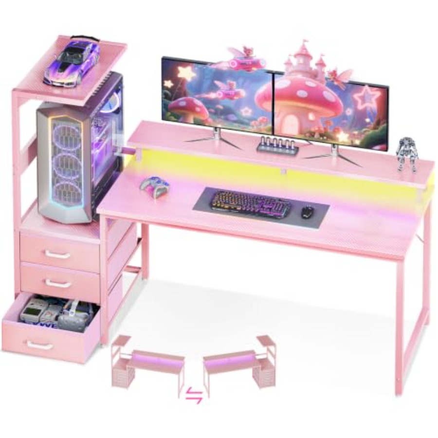 Desk Setup Black And Wood - ゲーミングデスク（PC展示台付き）、MDF木製、ブラック、リバーシブル59インチ天板、RGB LED照明付き