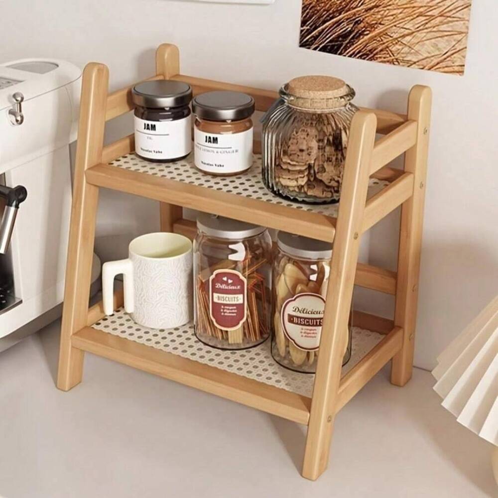 Desk Setup Shelf - 2段式竹製カウンタートップ収納ラック、木製デスクトップオーガナイザーシェルフ、キッチンコーヒーバー用コーヒーカップ＆調味料ディスプレイスタンド