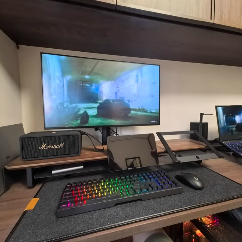 Desk Setup Black And Wood - モジュラーモニターライザー スタンド 人間工学に基づいたデスクオーガナイザー ブラック ゲーミングセットアップアクセサリー ワークステーション