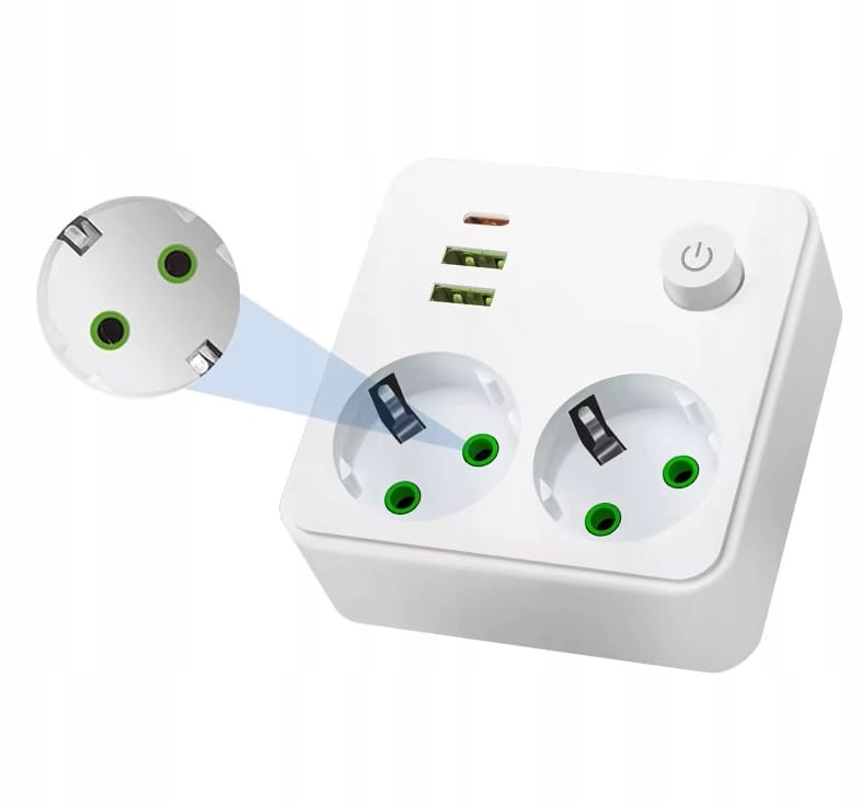 Power Strip Flat - EUプラグ充電器付き壁コンセント電源タップ、2つのACコンセント、2つのUSBポート、1つのType-C電気スイッチ付き、家庭用電源コンセント用