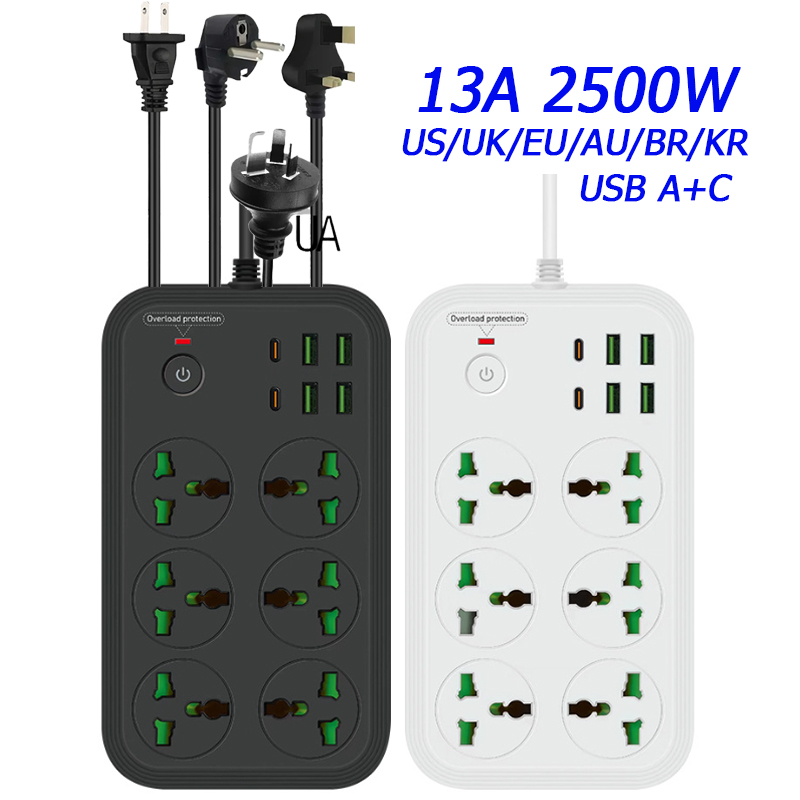 Power Strip Flat - 13A ユニバーサル電源タップソケットコンセント延長ケーブル USB 2500 ワット KR