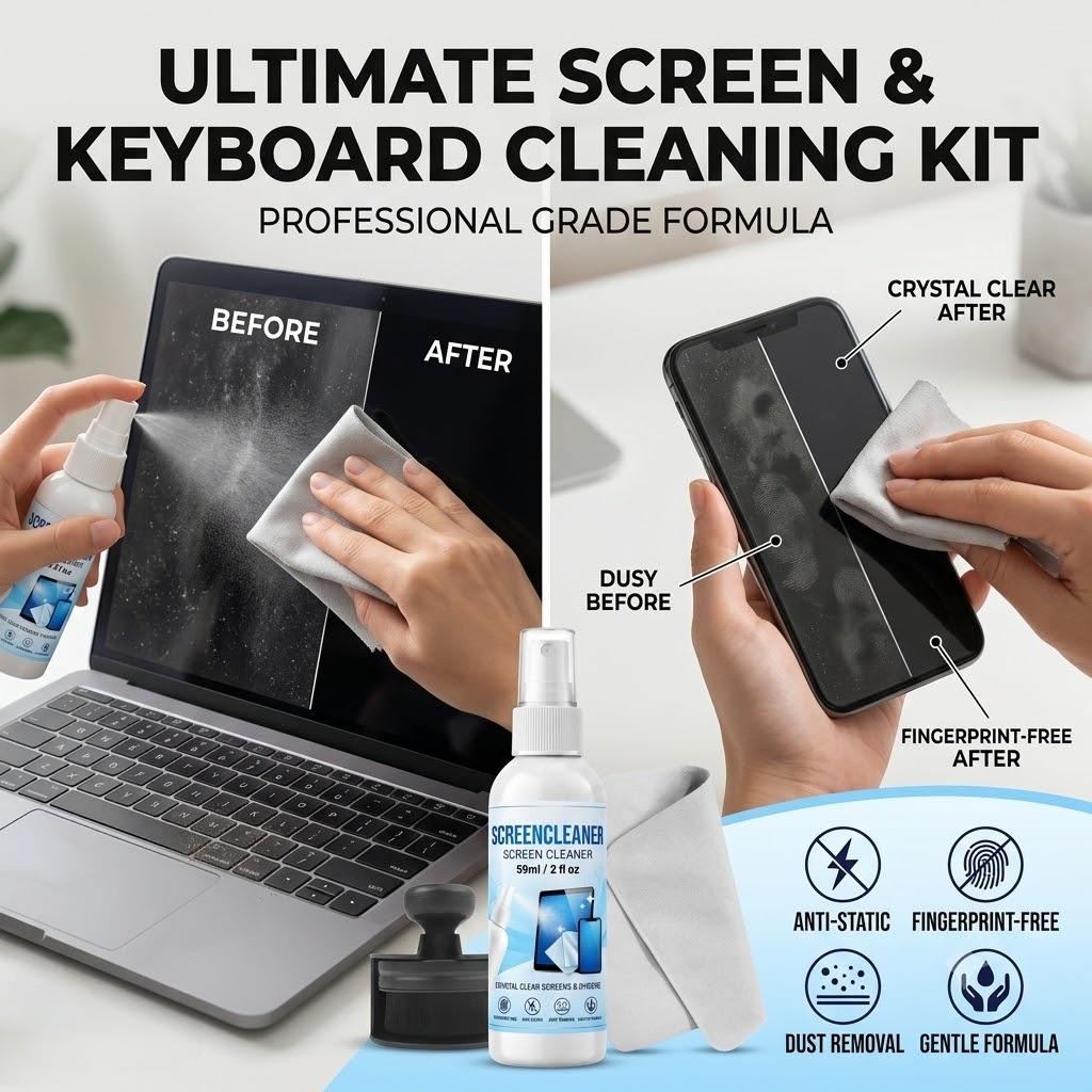 Monitor Cleaning Kit - 帯電防止スクリーンクリーナースプレーセット（クロス、ダストブラシ、ソフトクリーニングツールキット付き）スマートフォン、ノートパソコン、テレビ、PCモニター用（2オンス）