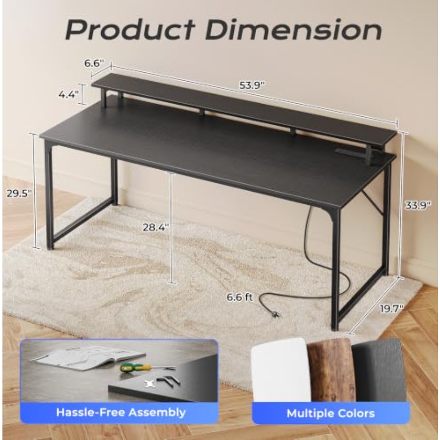 LED照明と内蔵電源コンセントを備えたゲーミングデスク、黒い - Desk Setup Black And Wood のレビューと価格