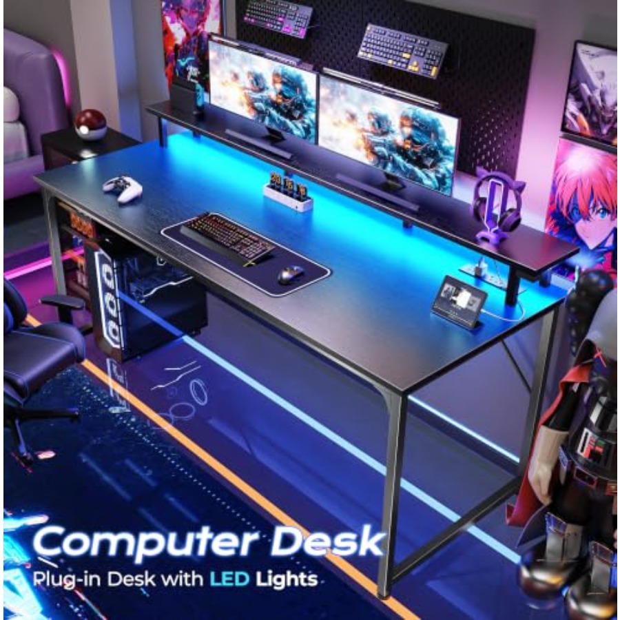 LED照明と内蔵電源コンセントを備えたゲーミングデスク、黒い - Desk Setup Black And Wood のレビューと価格