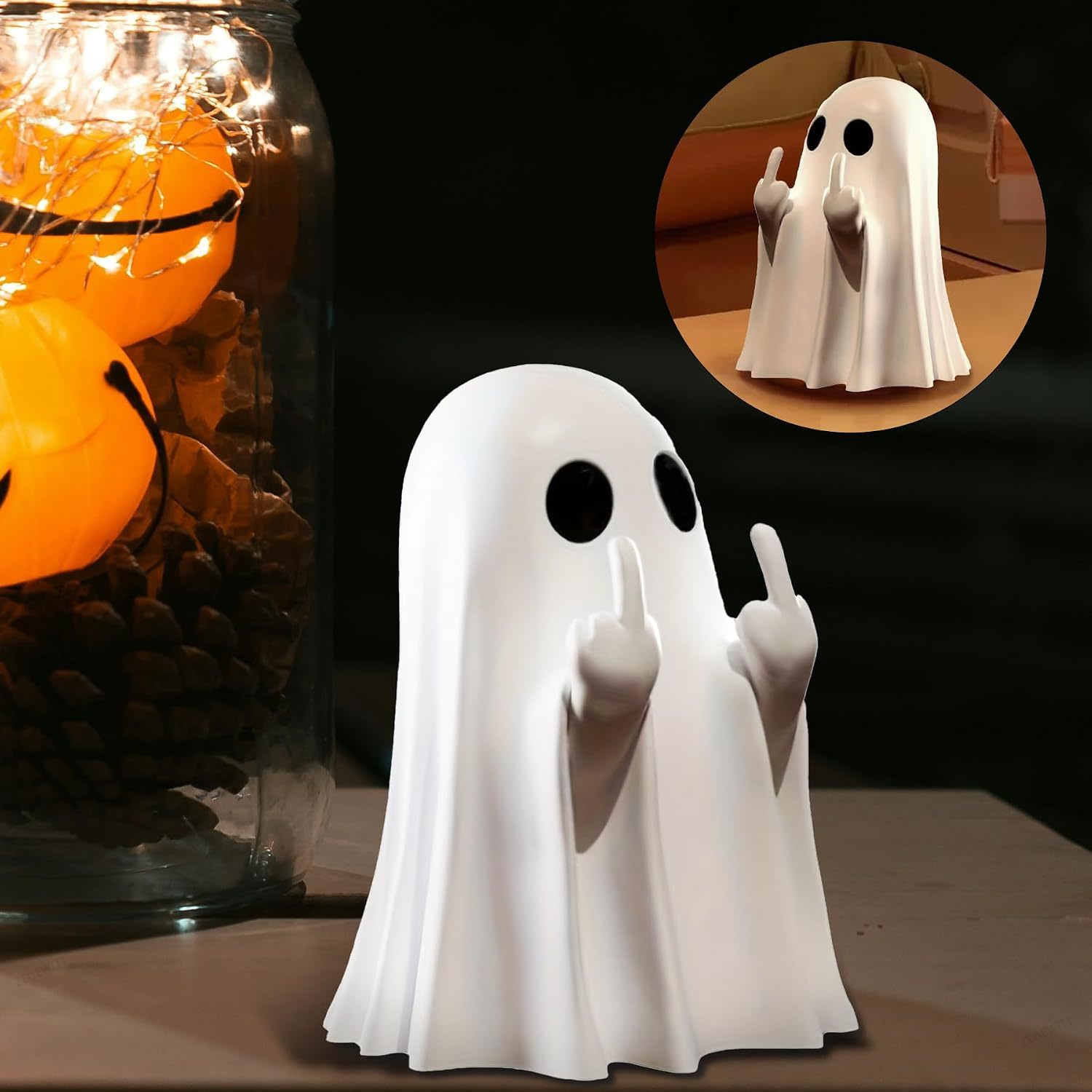 ハロウィンゴーストフィギュア 面白い中指の置物 不気味なデス - Desk Setup Shelf のレビューと価格