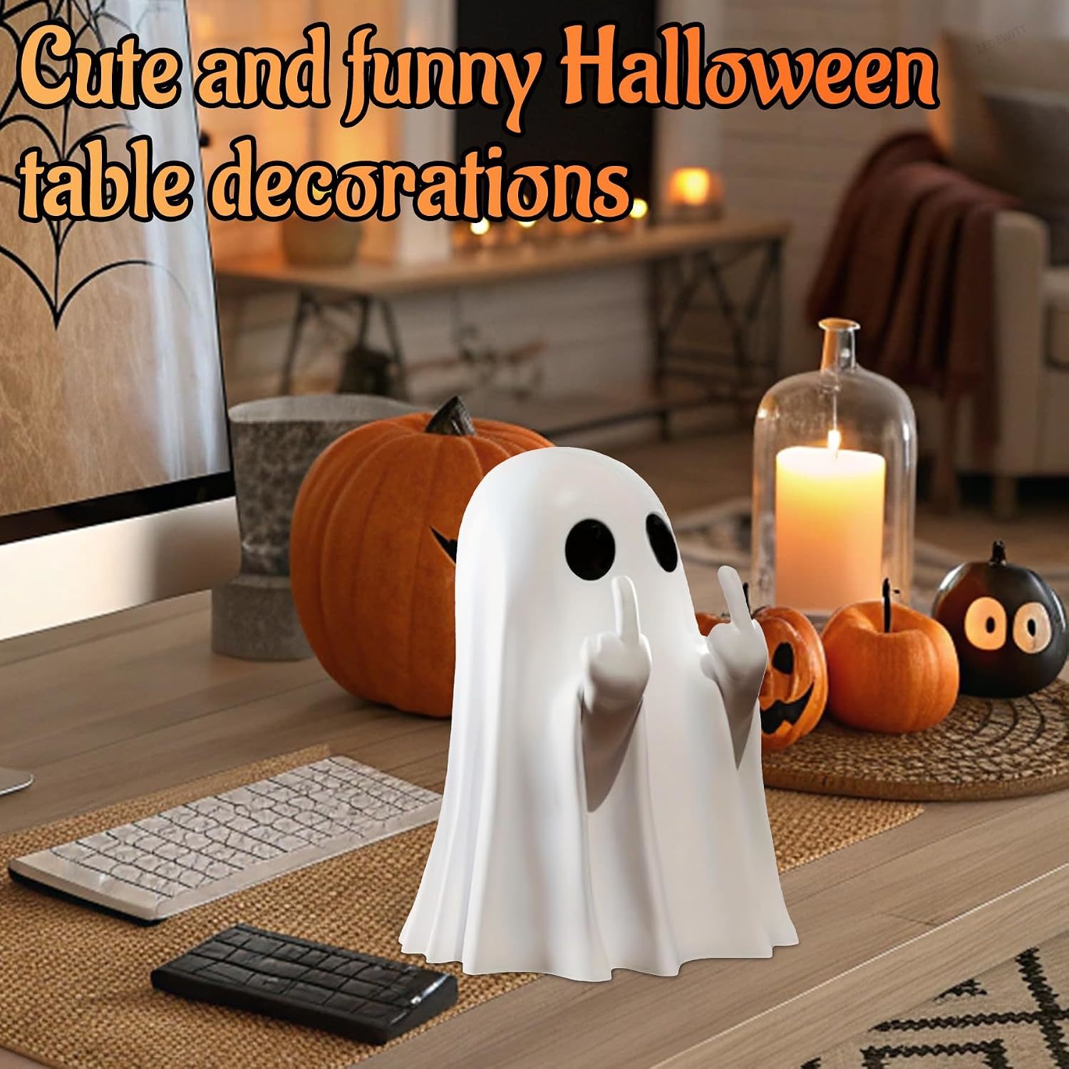 ハロウィンゴーストフィギュア 面白い中指の置物 不気味なデス - Desk Setup Shelf のレビューと価格