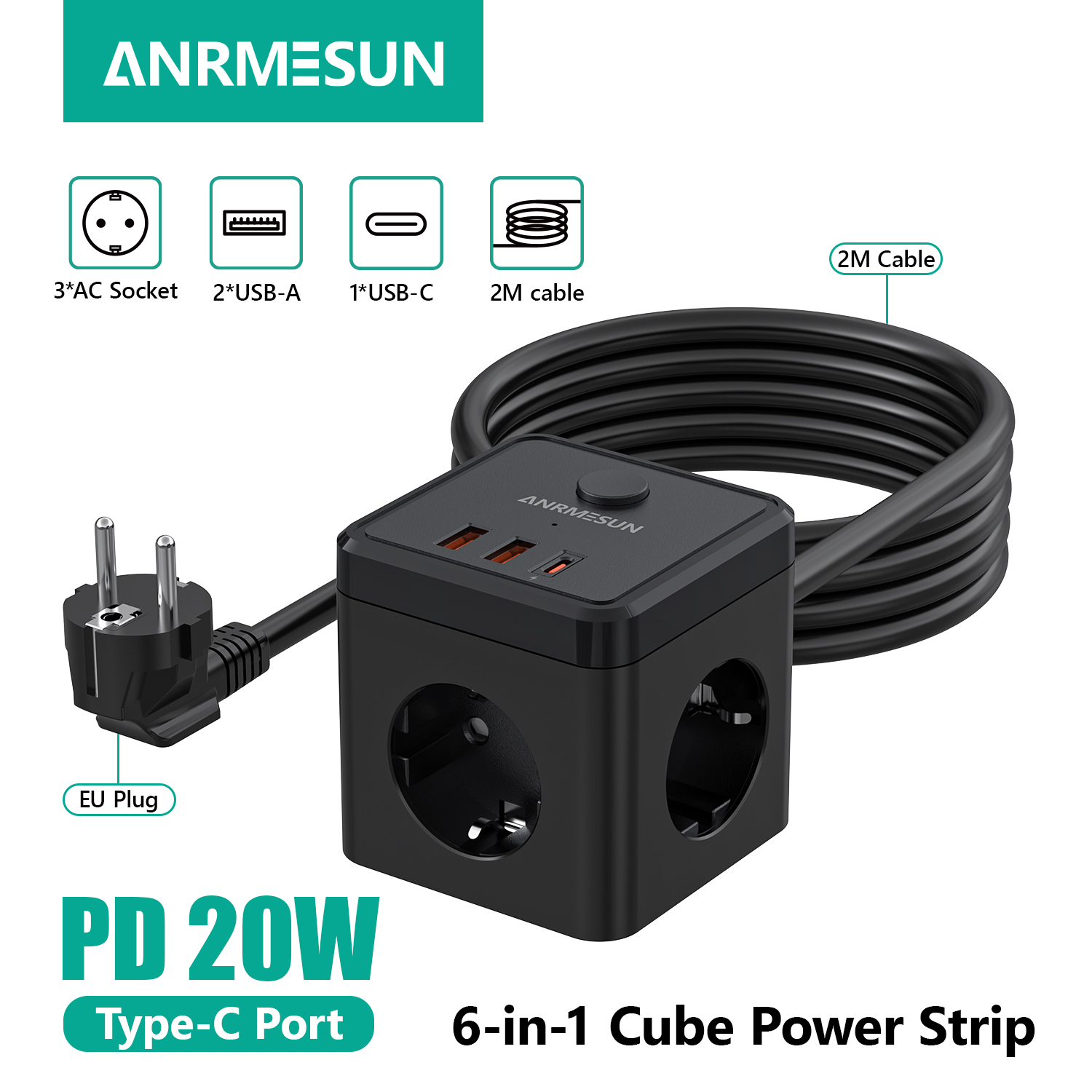 6in1電源タップ 壁コンセント拡張器 2m延長ケーブル付き - Power Strip Flat のレビューと価格
