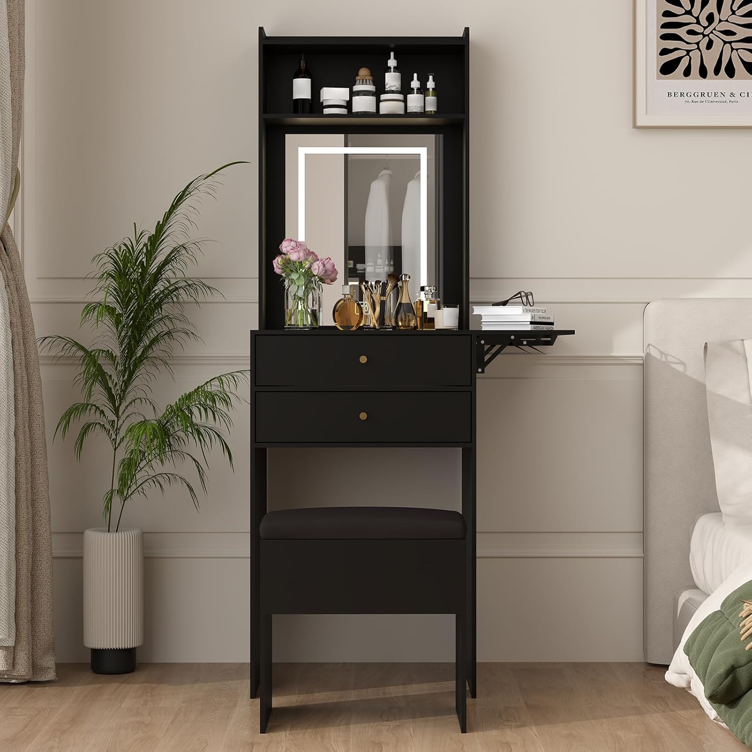 寝室用ミニブラックバニティデスクセット、3つの調節可能な照明 - Desk Setup Black And Wood のレビューと価格