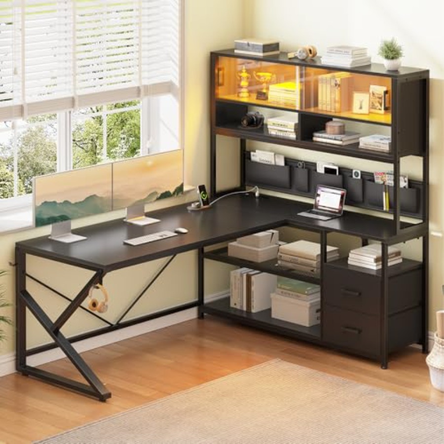 L字型のゲーミングデスク。収納棚付き、引き出し2つ、ゲーミン - Desk Setup Black And Wood のレビューと価格