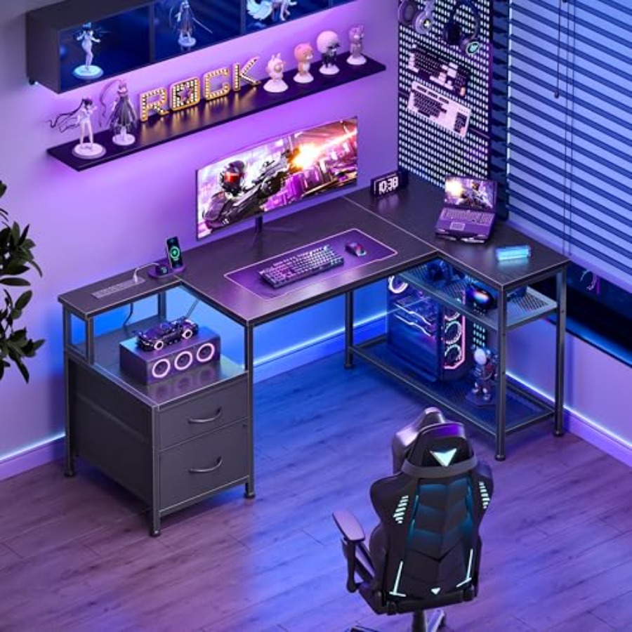 49インチのL字型ゲーミングデスク。電源コンセント付き。ブラ - Desk Setup Black And Wood のレビューと価格