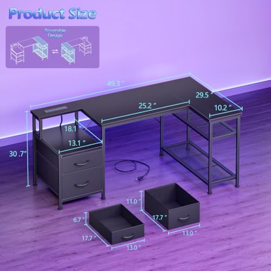 49インチのL字型ゲーミングデスク。電源コンセント付き。ブラ - Desk Setup Black And Wood のレビューと価格