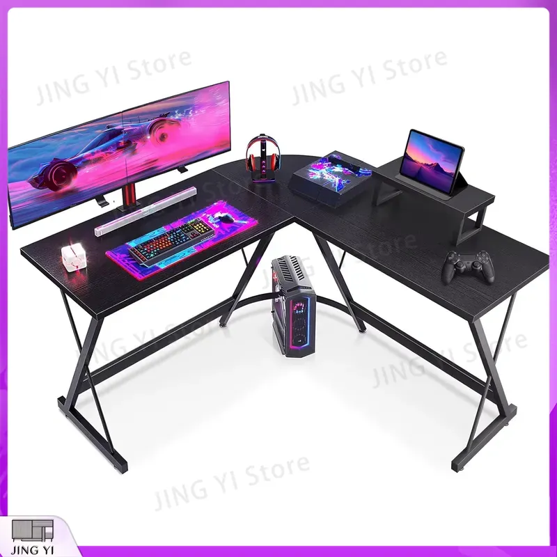 L字型ゲーミングデスク モニタースタンド付き 127x127 - Desk Setup Black And Wood のレビューと価格