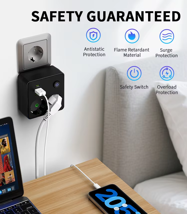 EUプラグ充電器付き壁コンセント電源タップ、2つのACコンセ - Power Strip Flat のレビューと価格