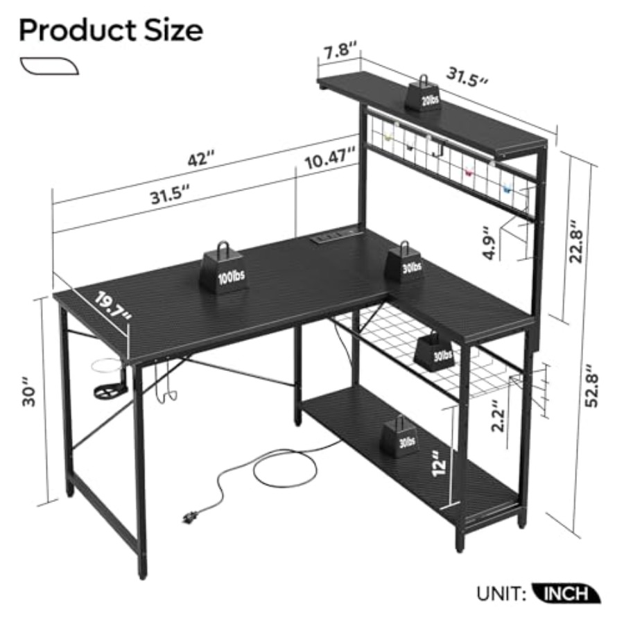 42インチのゲーミングデスク。電源コンセントとLEDライトを - Desk Setup Black And Wood のレビューと価格