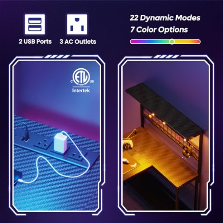 42インチのゲーミングデスク。電源コンセントとLEDライトを - Desk Setup Black And Wood のレビューと価格