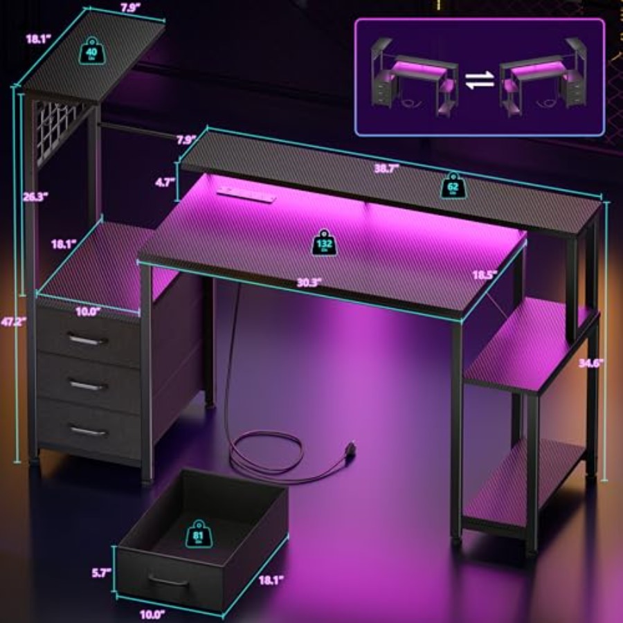 電源コンセントとLED照明を搭載した48インチのゲーミングデ - Desk Setup Black And Wood のレビューと価格