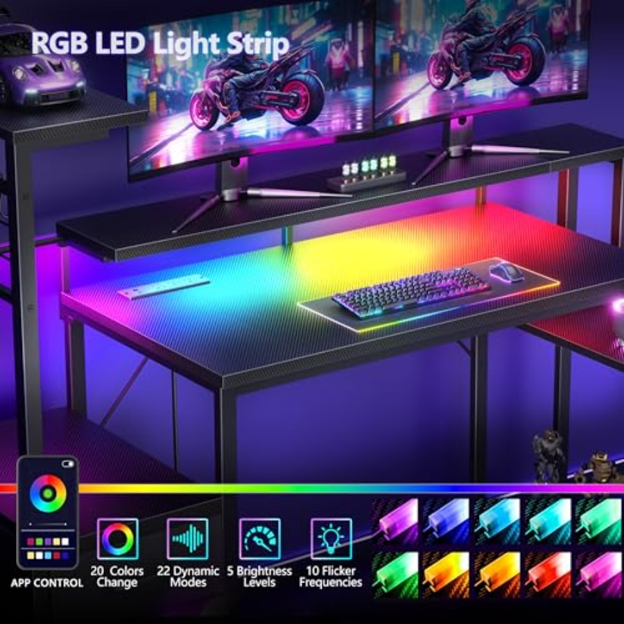 電源コンセントとLED照明を搭載した48インチのゲーミングデ - Desk Setup Black And Wood のレビューと価格